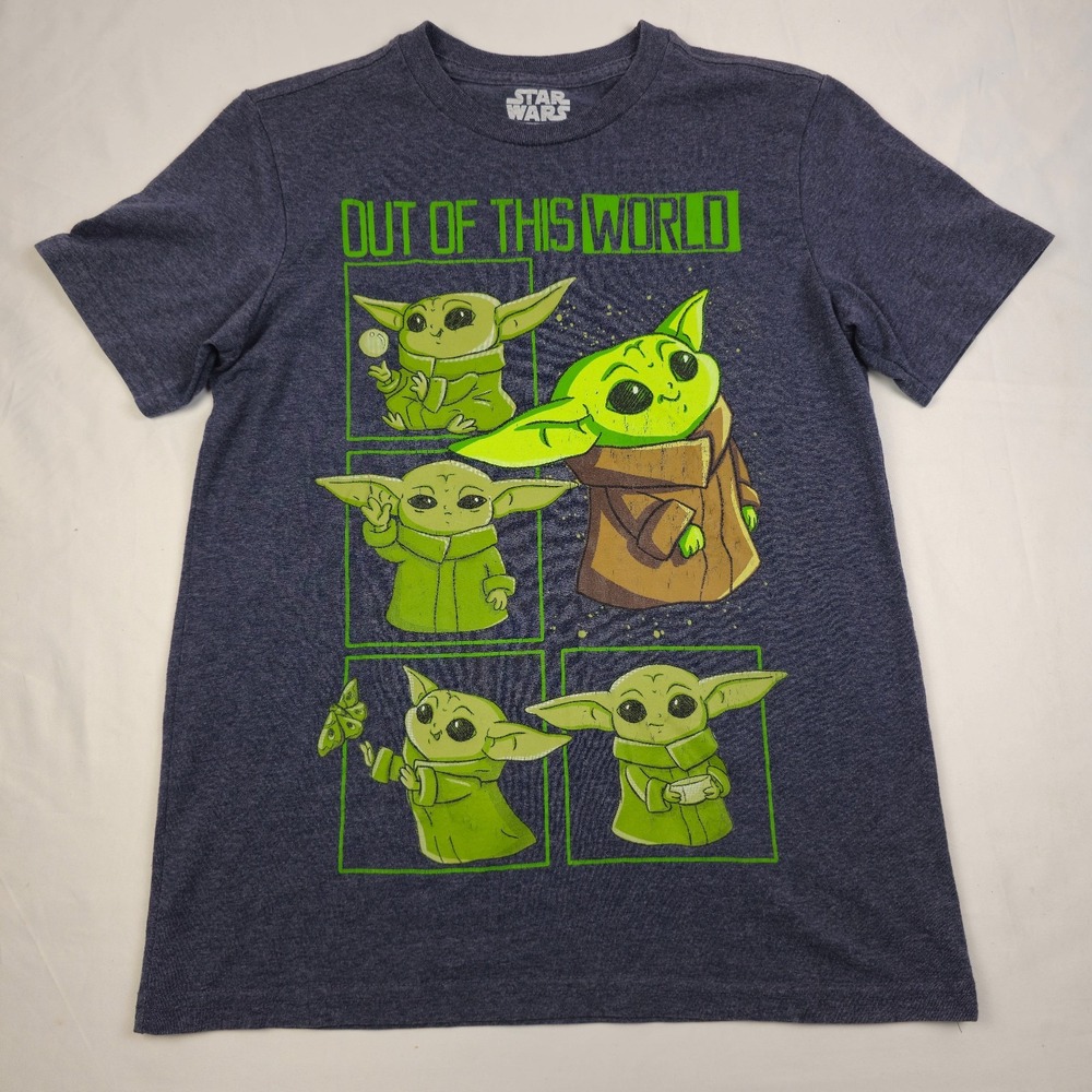 Star Wars Baby Yoda Grogu Out Of This World T-Shirt Kids Youth Large L 10-12 Blu
